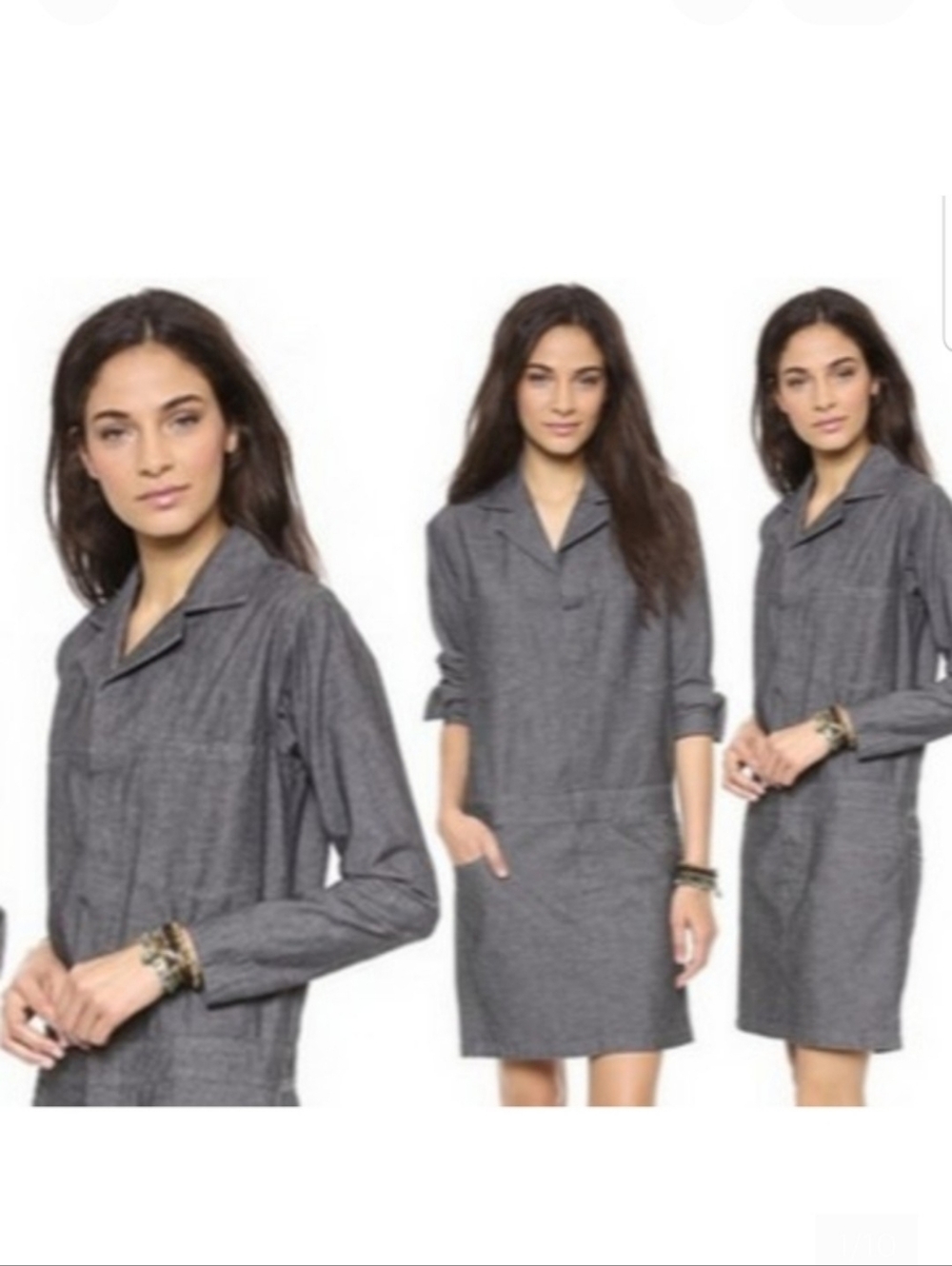 6397 Grey Chambray Faux Coveralls Long Sleeve Dress